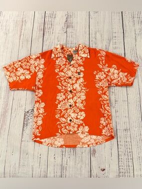 Vintage Pineapple Connection Womens S. Hawaiian Camp Shirt Orange Floral Rayon